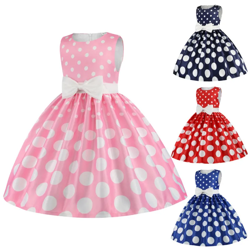 Girls Princess Sleeveless Polka Dot Bowknot Party Dress Kids Cotton Blend