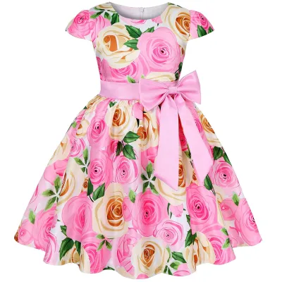 Kids Girls Princess Short Sleeve Flower Print Bowknot Party Cotton Blend Dress