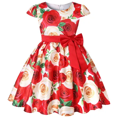 Kids Girls Princess Short Sleeve Flower Print Bowknot Party Cotton Blend Dress
