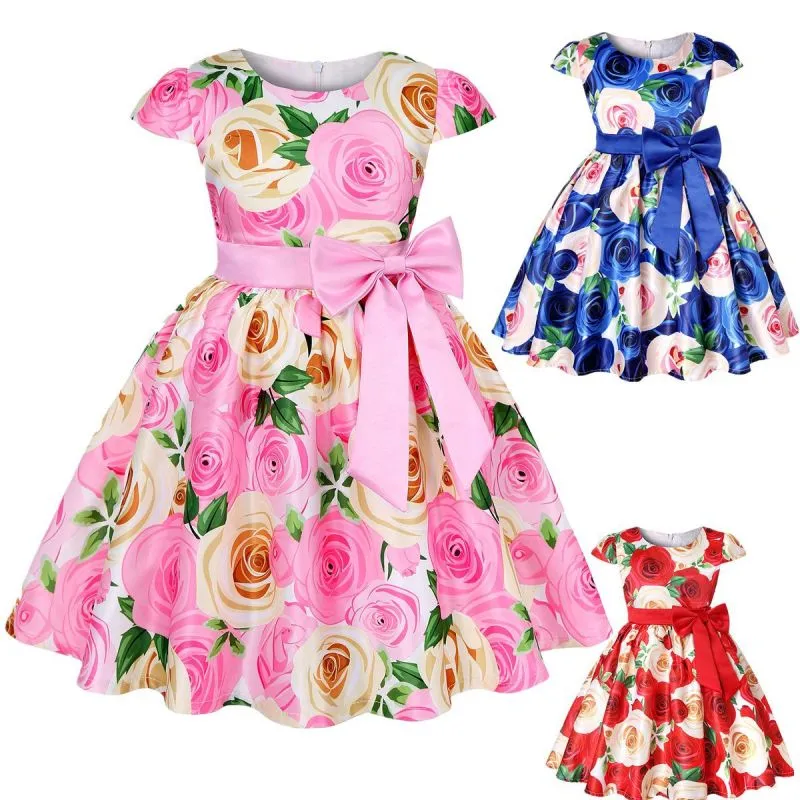 Kids Girls Princess Short Sleeve Flower Print Bowknot Party Cotton Blend Dress