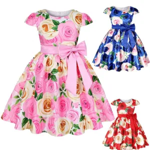 Kids Girls Princess Short Sleeve Flower Print Bowknot Party Cotton Blend Dress
