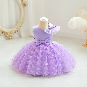 Toddlers Newborn Baby Fashion Girls Princess Ruffle Sleeve Solid Color Bowknot Butterfly Mesh Tutu Party Dress