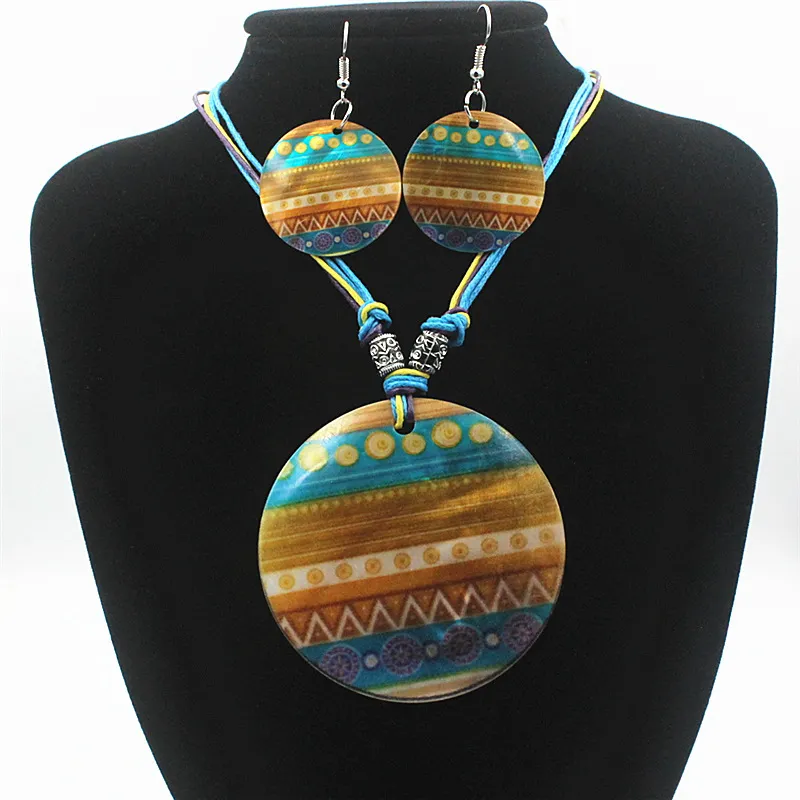 Women's Vintage Bohemian Shell Round Dangle Earrings Necklace Jewelry Set
