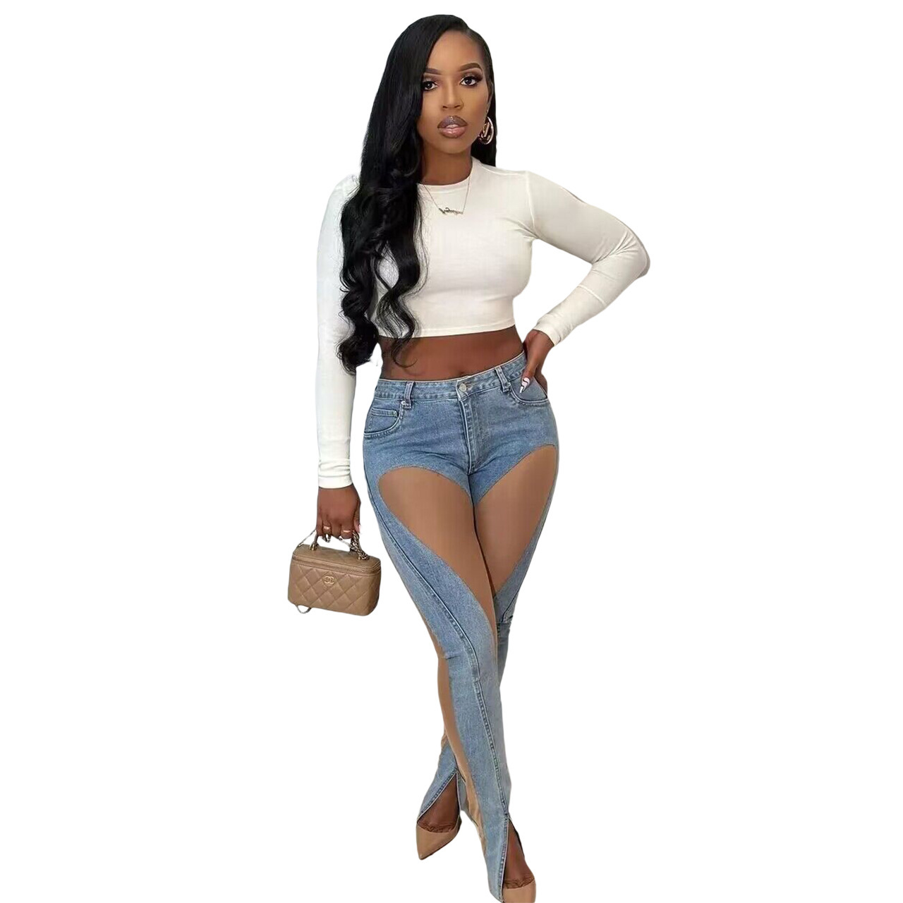 Wholesale Women Fashion Perspective Slit Elastic Slim Hip