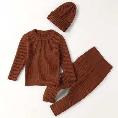 Toddlers Newborn Baby Fashion Girls Boys Casual Basic Long Sleeve Solid Color Knitted Top And Pants Set