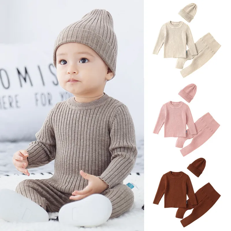 Toddlers Newborn Baby Fashion Girls Boys Casual Basic Long Sleeve Solid Color Knitted Top And Pants Set
