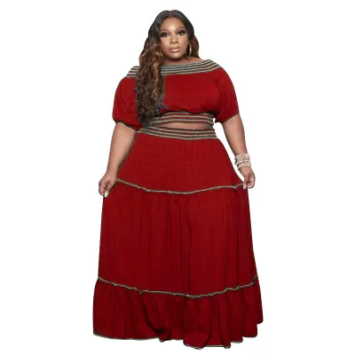 Women Fashion Casual Solid Color Round Neck Short Sleeve Creased Ruffled Long Skirt 2-Piece Set
