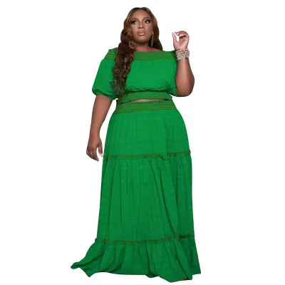 Women Fashion Casual Solid Color Round Neck Short Sleeve Creased Ruffled Long Skirt 2-Piece Set