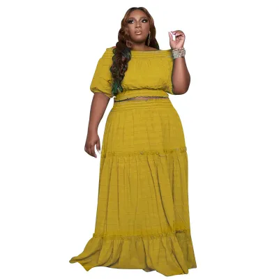 Women Fashion Casual Solid Color Round Neck Short Sleeve Creased Ruffled Long Skirt 2-Piece Set