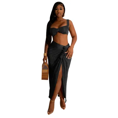 Women Solid Color Sleeveless Sling Top And Pleated Skirt 2pcs Set