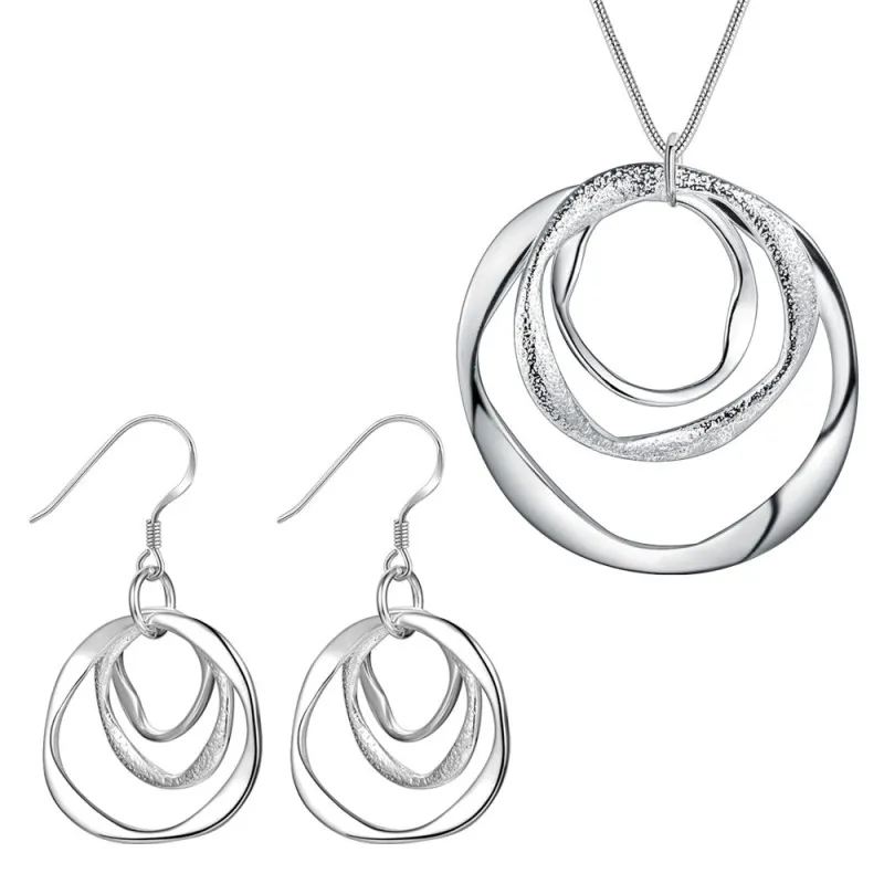 Women Fashion Simple Elegant Circles Dangle Earrings Necklace Jewelry Set Alloy Box Chain