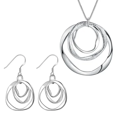 Women Fashion Simple Elegant Circles Dangle Earrings Necklace Jewelry Set Alloy Box Chain