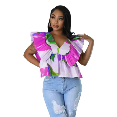 Women Casual Vacation Floral Printed Lace Up V-Neck Short Sleeve Blouse