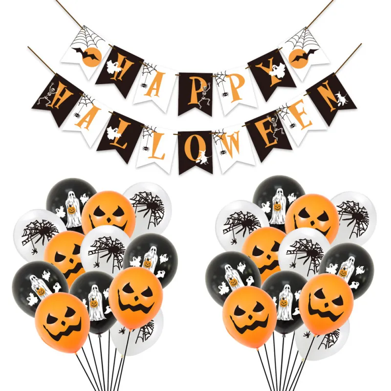 Halloween Party Decoration Supplies Spider Pumpkin Spooky Bat Pull Flag Latex Balloon Set