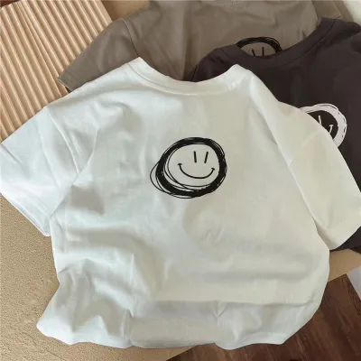 Kids Boys Casual Basic Smiley Face Print Short Sleeve Round Neck T-Shirt 3-14T