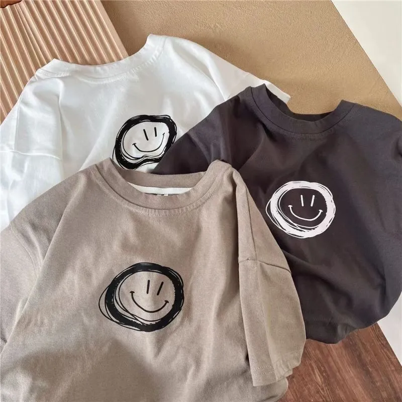 Kids Boys Casual Basic Smiley Face Print Short Sleeve Round Neck T-Shirt 3-14T