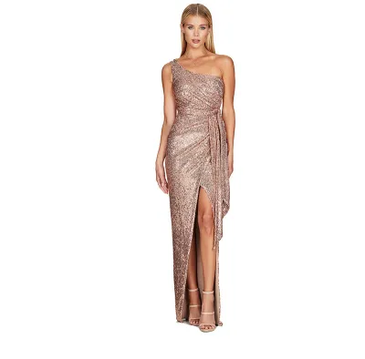 Women Temperament Oblique Shoulder Tie Pleated Sequined Long Gown Dress