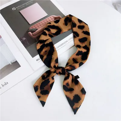 Women Fashion Leopard Print Wrist Ribbon Thin Silk Scarf