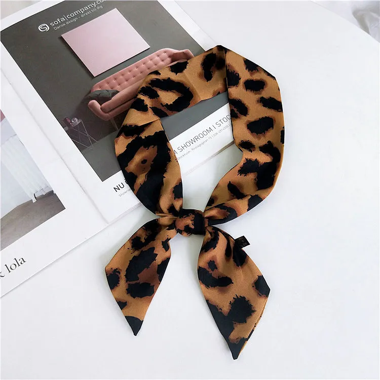 Wholesale Women Fashion Leopard Print Wrist Ribbon Thin Silk Scarf