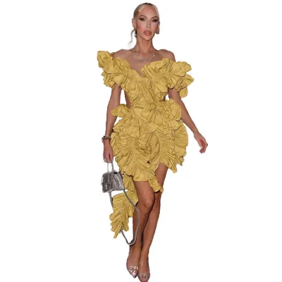 Women Sexy Solid Color Irregular V-Neck Sleeveless Creased Tassel Dress