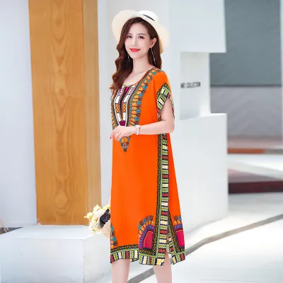 Women Fashion Boho Vintage Printing Short Sleeve Dress