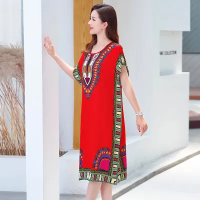 Women Fashion Boho Vintage Printing Short Sleeve Dress