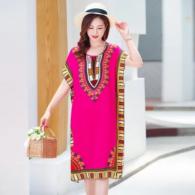 Women Fashion Boho Vintage Printing Short Sleeve Dress