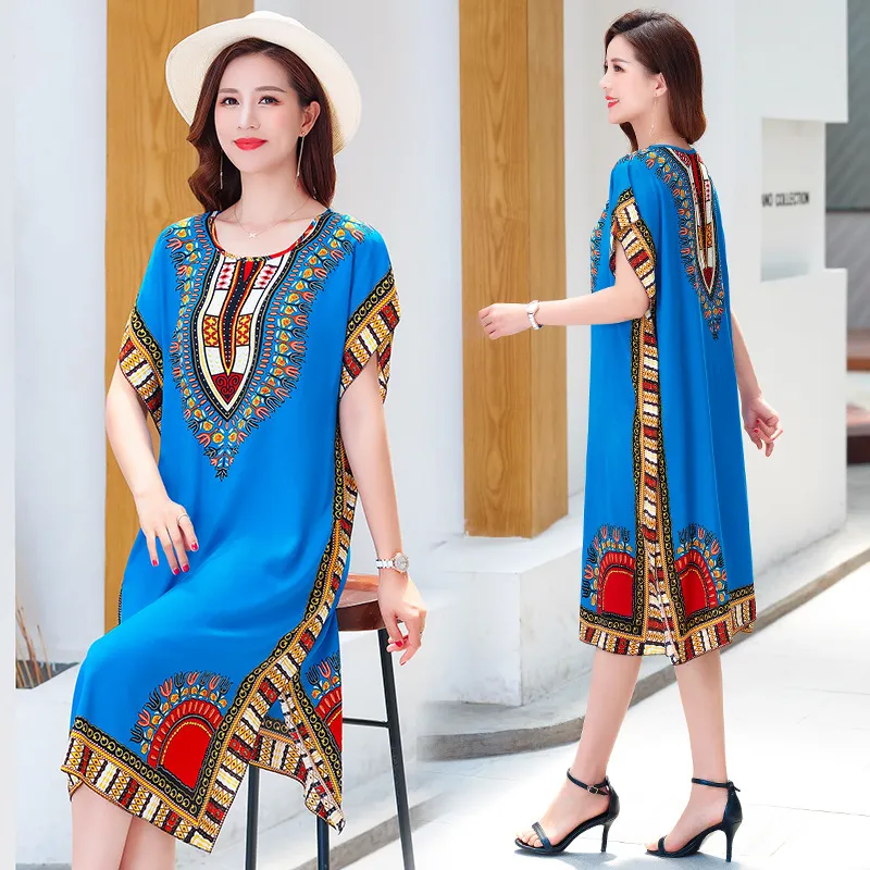 Women Fashion Boho Vintage Printing Short Sleeve Dress