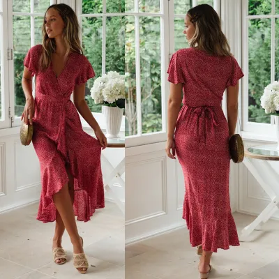 Women Casual Tiny Flower Printing Ruffled Irregular Wrap Dress
