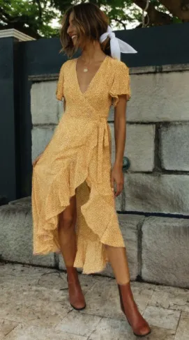 Women Casual Tiny Flower Printing Ruffled Irregular Wrap Dress