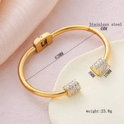 Women Fashion Cylinder Diamond Stretch Open Stainless Steel Bracelet