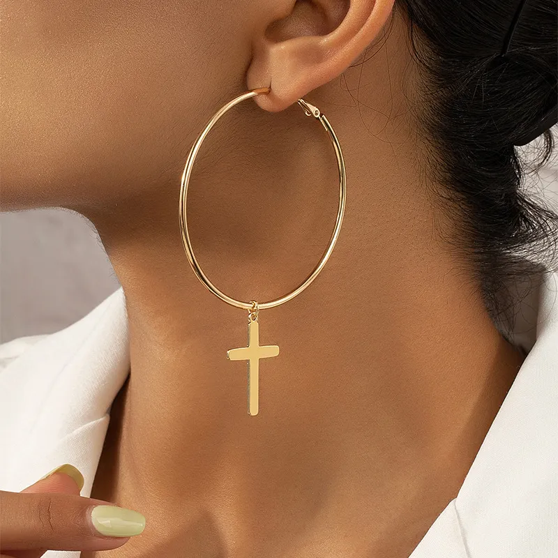 Women Fashion Exaggerated Large Hoop Cross Earrings