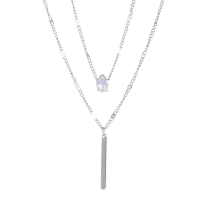Women Fashion Drop Rhinestones Rectangle Double-Layer Alloy Necklace