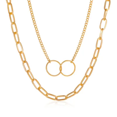Women Fashion Drop Rhinestones Rectangle Double-Layer Alloy Necklace