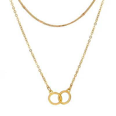 Women Fashion Drop Rhinestones Rectangle Double-Layer Alloy Necklace