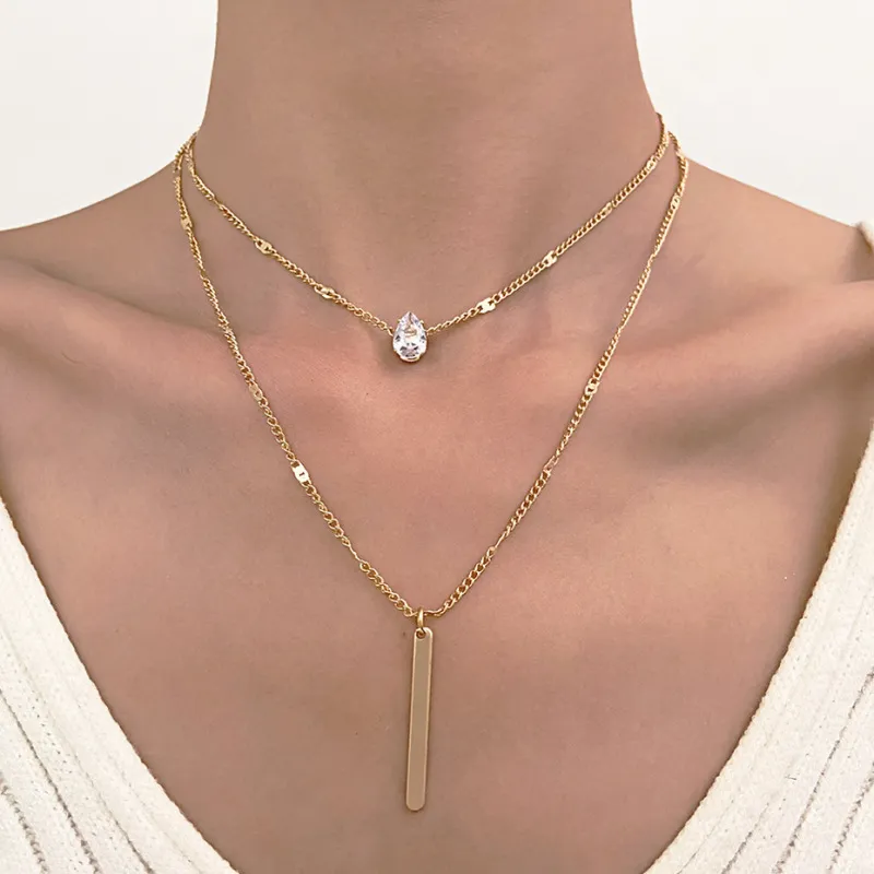 Women Fashion Drop Rhinestones Rectangle Double-Layer Alloy Necklace