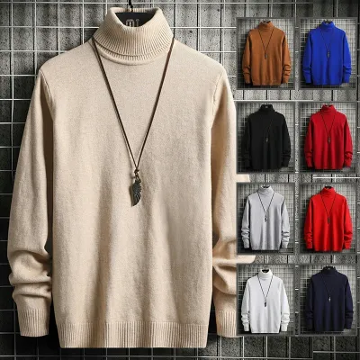 Men Casual Turtleneck Solid Color Long-Sleeved Sweater