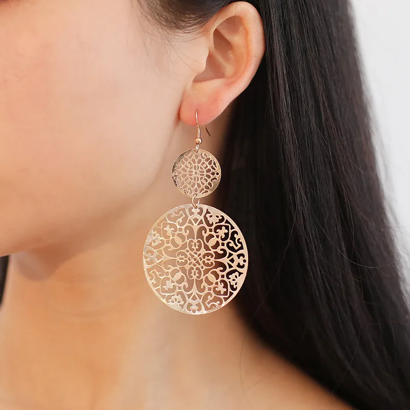 Women Fashion Vintage Hollow Flower Round Dangle Earrings