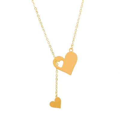 Women Fashion Hollow Double Heart Pendant Necklace Stainless Steel