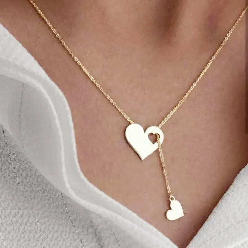 Women Fashion Hollow Double Heart Pendant Necklace Stainless Steel