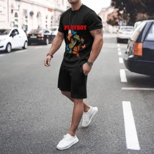 Men Casual Round Neck Short-Sleeved Printed T-Shirt And Shorts Two-Piece Set