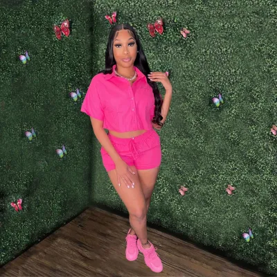 Women Casual Solid Color Lapel Single-Breasted Short Sleeve Blouse Drawstring Shorts 2-Piece Set