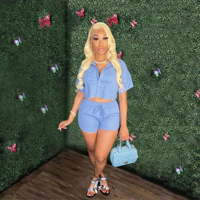 Women Casual Solid Color Lapel Single-Breasted Short Sleeve Blouse Drawstring Shorts 2-Piece Set