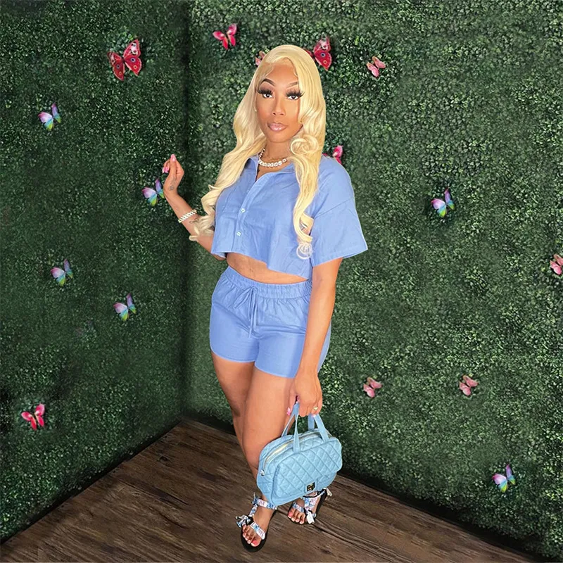 Women Casual Solid Color Lapel Single-Breasted Short Sleeve Blouse Drawstring Shorts 2-Piece Set