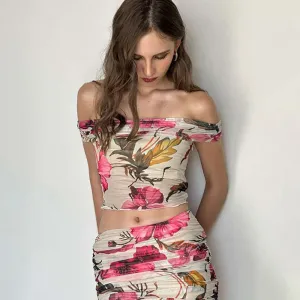 Women Fashion Sexy Floral Printed Off Shoulder Crop Top Tight Zipper Skirts 2pcs Set