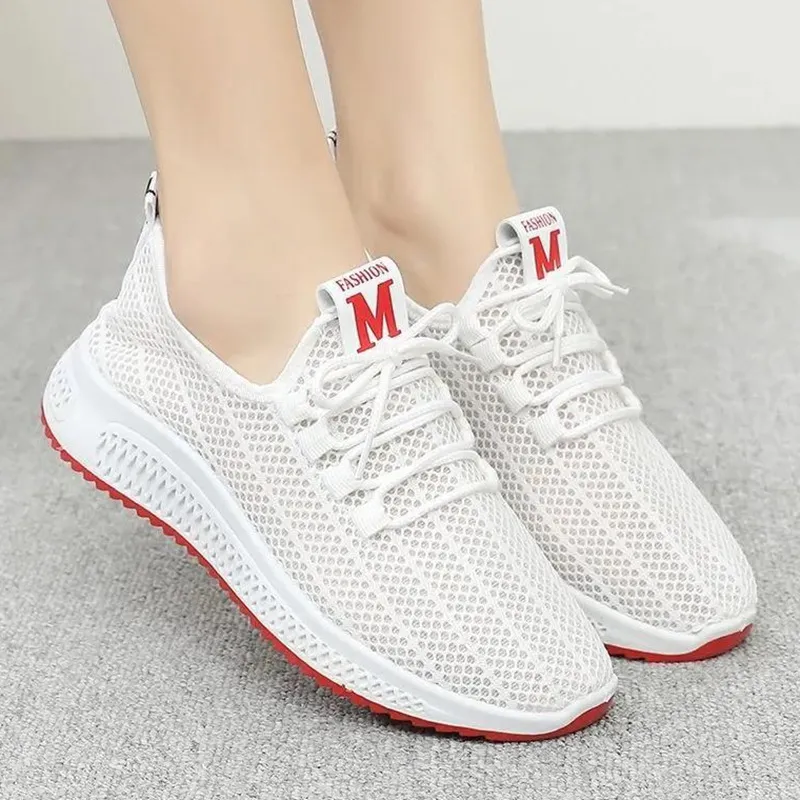 Women Fashion Mesh Solid Color Lace-Up Sneakers Pointed Toe Low Top