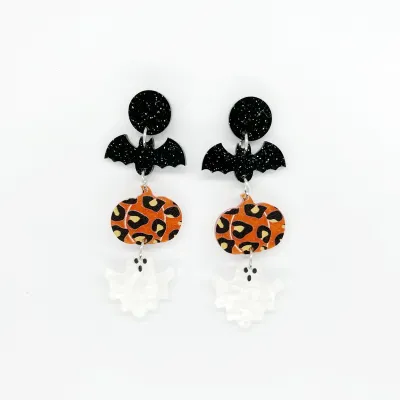 Women's Halloween Acrylic Glitter Bats Pumpkin Ghost Dangle Earrings