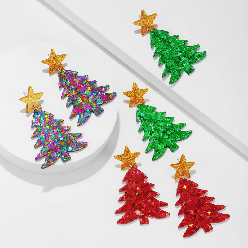 Christmas Cute Acrylic Glitter Christmas Tree Dangle Earrings Women Fashion Party