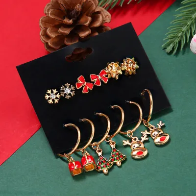 Christmas Women Fashion Bow Snowflake Elk Gift Box Dangle Stud Earrings Set