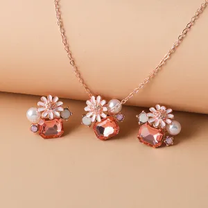 Women Fashion Cute Flowers Rectangle Rhinestones Imitation Pearls Stud Earrings Necklace Jewelry Set